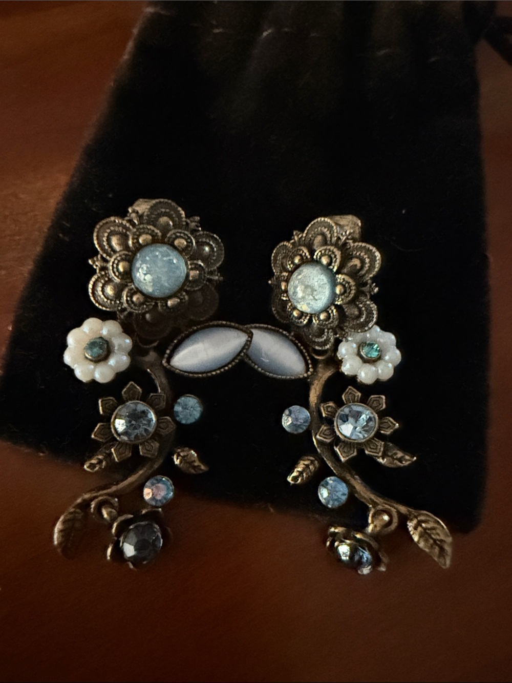 Avon Blue Floral Drop clip on Earrings with Gold-Tone Metal